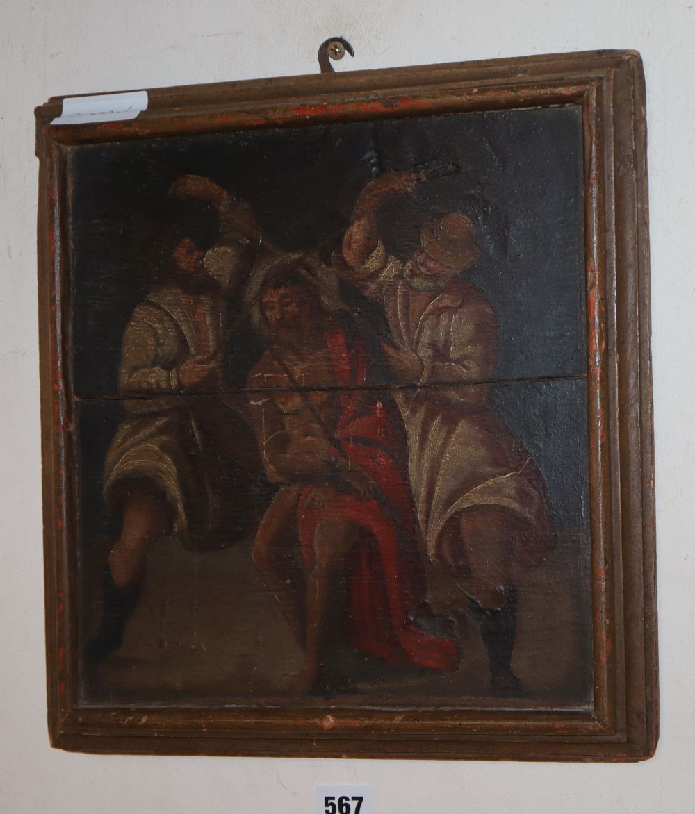 18th century Continental School, oil on wooden panel, Crucifixion scene, 30 x 28cm